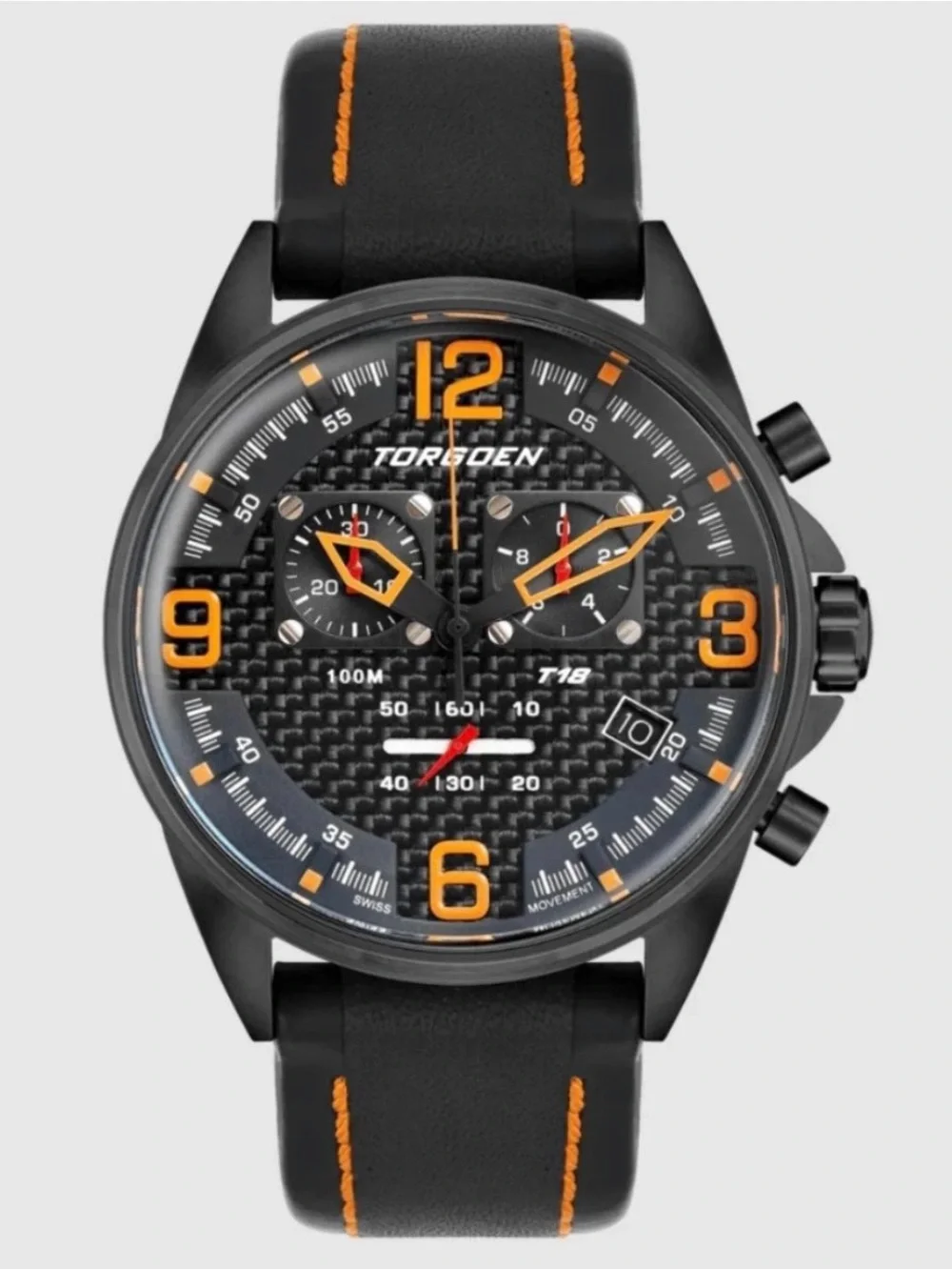 Torgoen Men’s 45mm Black Leather Strap Watch NIB